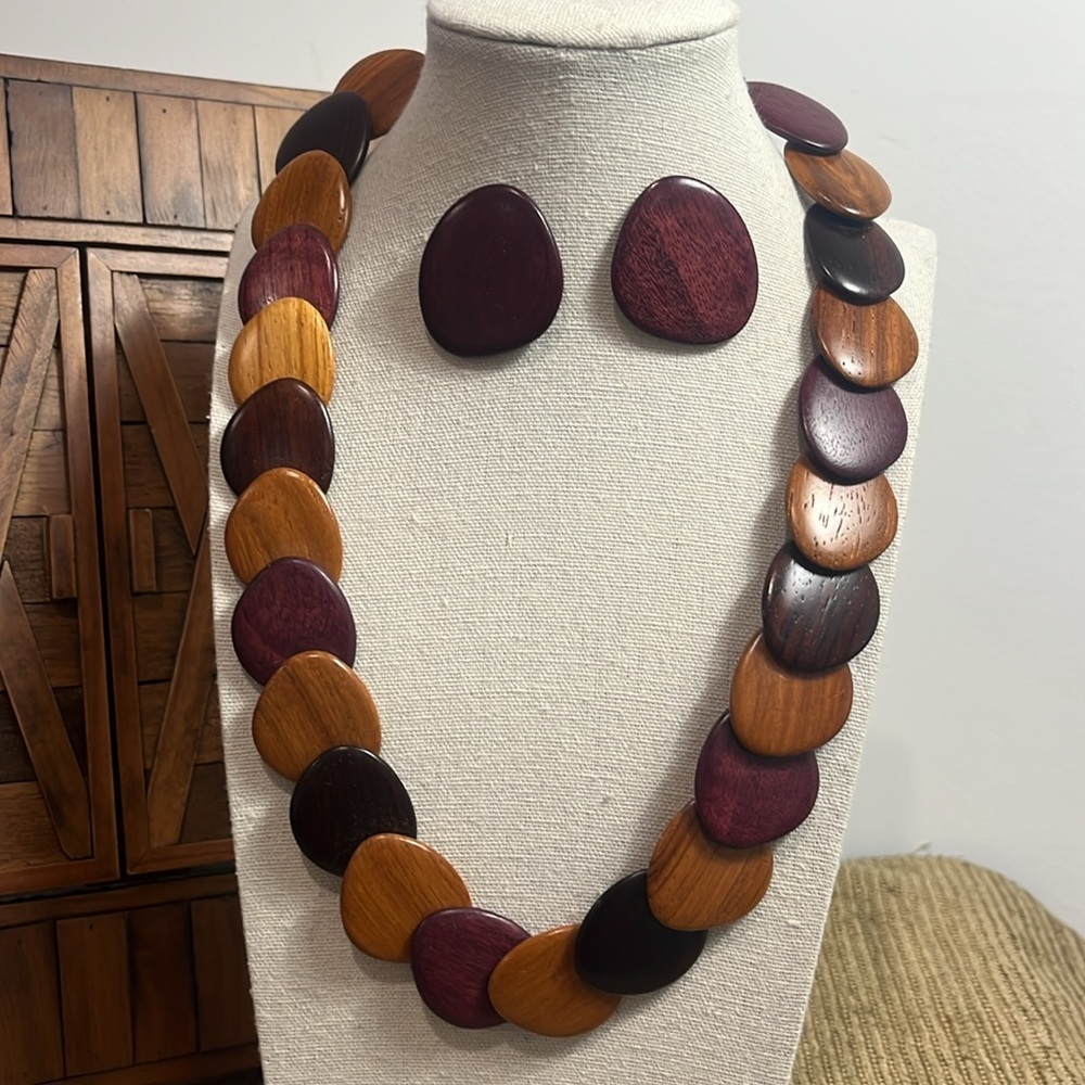Boho Wood Beaded Tricolor Necklace with Matching Earrings